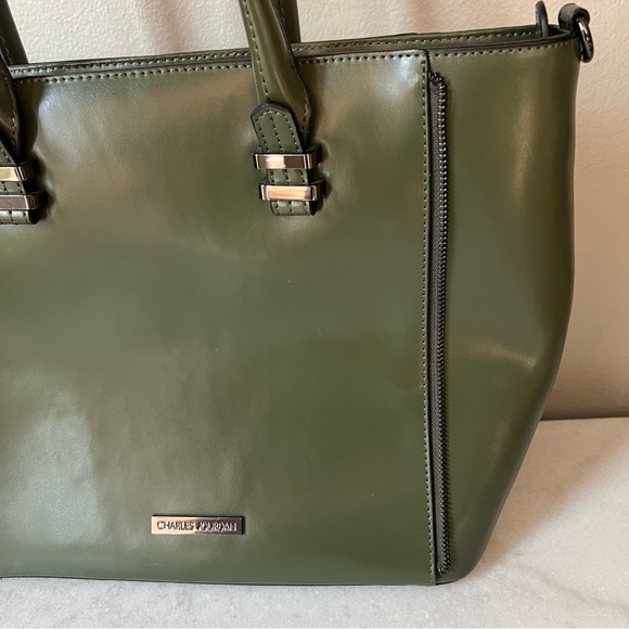 Charles Jourdan Large Handbag Green Leather Missing Long Strap - Picture 3 of 11